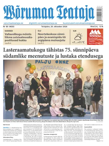 Teisipäev, 20. oktoober 2026 Võrumaa Teataja